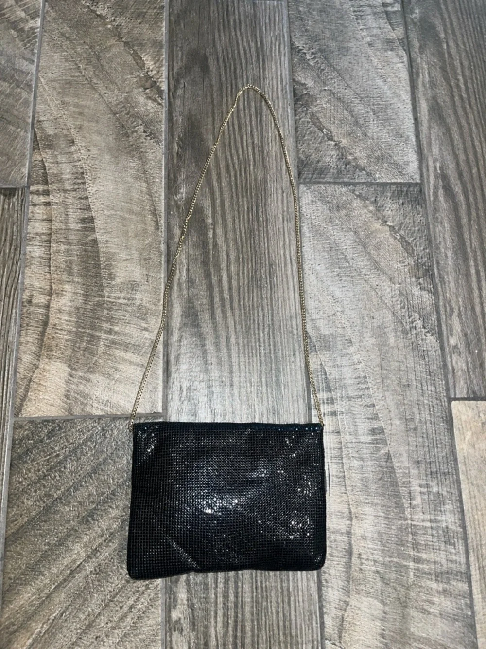 Vintage Whiting & Davis Black Sequin Envelope Shoulder Bag with Gold Chain